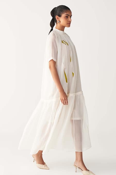 Three_Ivory Organza Fabric Flowers Round Neck Sheer Frill Dress With Slip _Online_at_Aza_Fashions