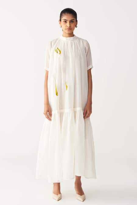 Buy_Three_Ivory Organza Fabric Flowers Round Neck Sheer Frill Dress With Slip _Online_at_Aza_Fashions