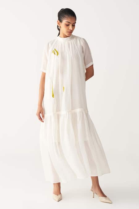Shop_Three_Ivory Organza Fabric Flowers Round Neck Sheer Frill Dress With Slip _Online_at_Aza_Fashions