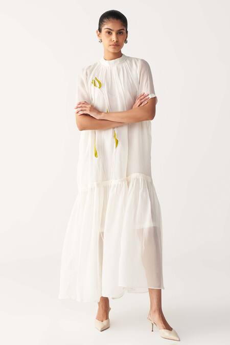 Three_Ivory Organza Fabric Flowers Round Neck Sheer Frill Dress With Slip _at_Aza_Fashions