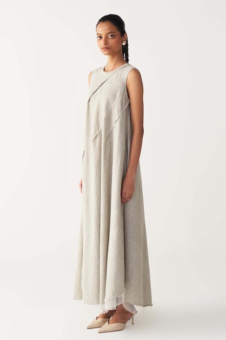 Three_Beige Handloom Cotton Round Neck Diagonal Pleat Handwoven Dress _Online_at_Aza_Fashions