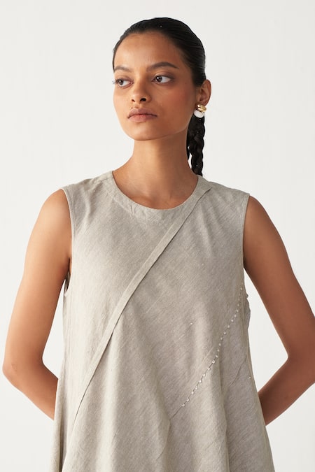 Shop_Three_Beige Handloom Cotton Round Neck Diagonal Pleat Handwoven Dress _Online_at_Aza_Fashions