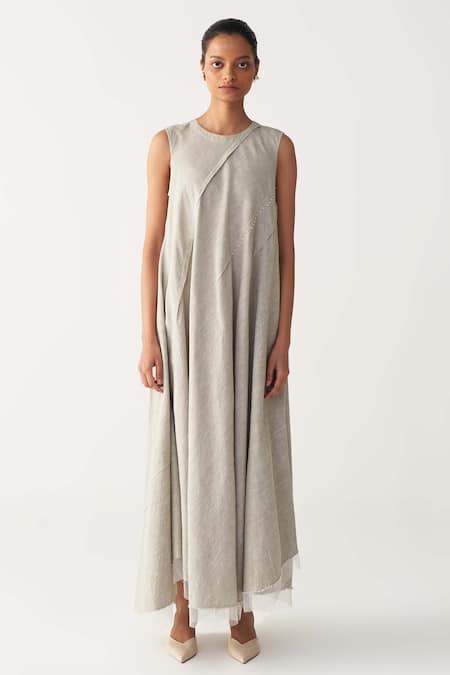 Three_Beige Handloom Cotton Round Neck Diagonal Pleat Handwoven Dress _at_Aza_Fashions