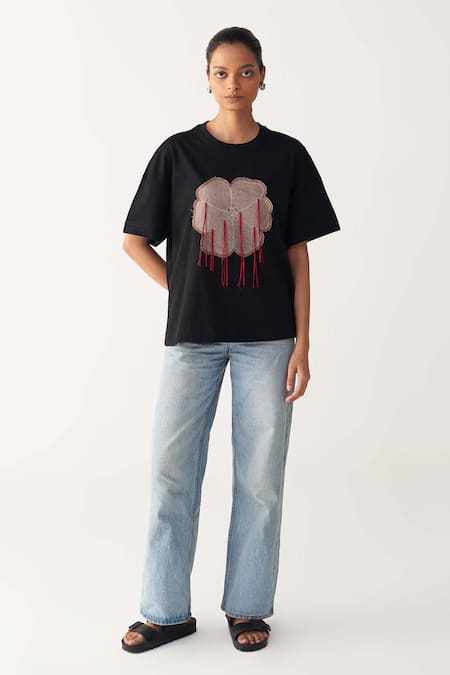 Three Black Cotton, Jersey Applique Round Neck Floral Patch Fringe T-shirt Online at Aza Fashions Three_Black Cotton, Jersey Applique Round Neck Floral Patch Fringe T-shirt _Online_at_Aza_Fashions