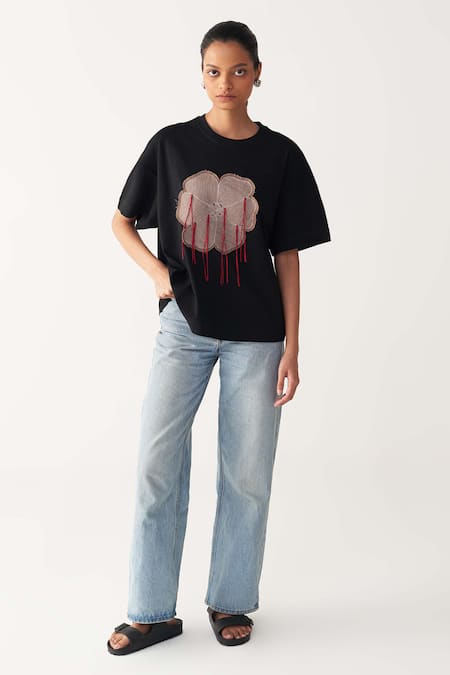 Buy Three Black Cotton, Jersey Applique Round Neck Floral Patch Fringe T-shirt Online at Aza Fashions Buy_Three_Black Cotton, Jersey Applique Round Neck Floral Patch Fringe T-shirt _Online_at_Aza_Fashions