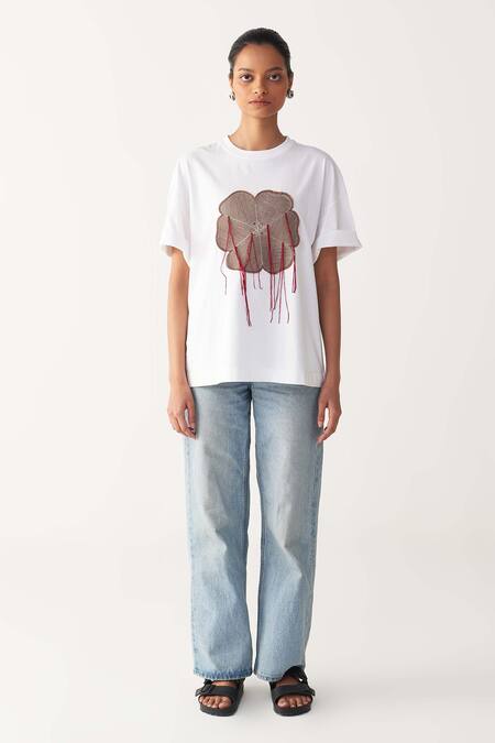 Buy_Three_White Cotton, Jersey Applique Round Neck Floral Patch Fringe T-shirt _Online_at_Aza_Fashions