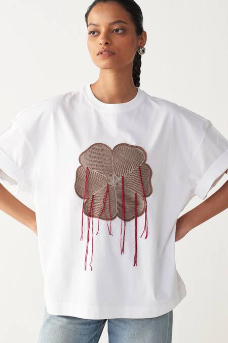 Shop_Three_White Cotton, Jersey Applique Round Neck Floral Patch Fringe T-shirt _Online_at_Aza_Fashions