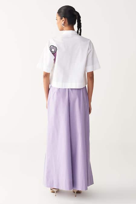 Three_White Poplin Beads, Fringe Collared Beaded Crop Shirt _Online_at_Aza_Fashions