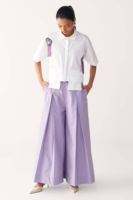 Buy_Three_White Poplin Beads, Fringe Collared Beaded Crop Shirt _Online_at_Aza_Fashions