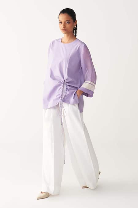 Three_Lavender Poplin, Organza Round Neck Front Drawstring Top _Online_at_Aza_Fashions
