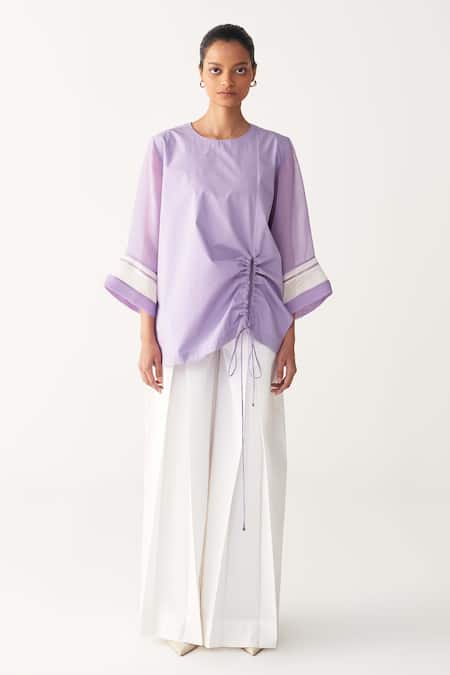 Buy_Three_Lavender Poplin, Organza Round Neck Front Drawstring Top _Online_at_Aza_Fashions