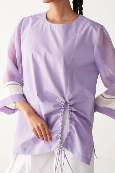 Shop_Three_Lavender Poplin, Organza Round Neck Front Drawstring Top _Online_at_Aza_Fashions