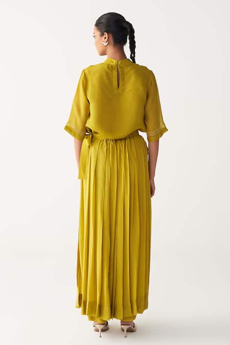 Shop Three Green Organza Embroidery Round Neck Lime Poppy Print Top at Aza Fashions Shop_Three_Green Organza Embroidery Round Neck Lime Poppy Print Top _at_Aza_Fashions