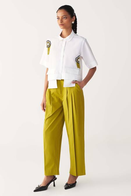 Three_White Poplin Beads Collared Crop Fringe Shirt _Online_at_Aza_Fashions
