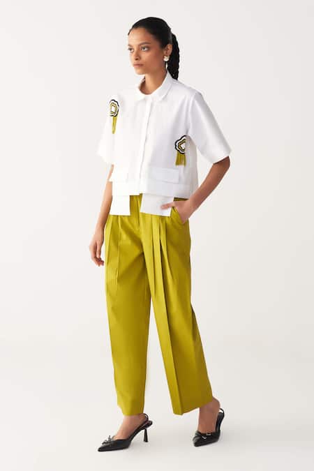 Buy_Three_White Poplin Beads Collared Crop Fringe Shirt _Online_at_Aza_Fashions