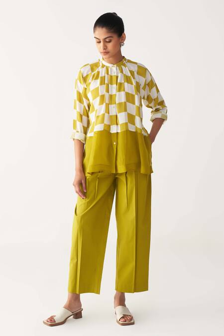 Three_Green Silk, Crepe Lime Checkered Peasant Shirt _Online_at_Aza_Fashions