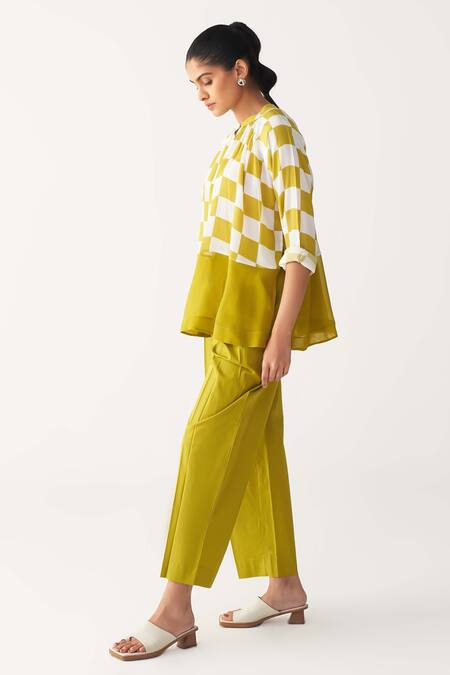 Shop_Three_Green Silk, Crepe Lime Checkered Peasant Shirt _Online_at_Aza_Fashions