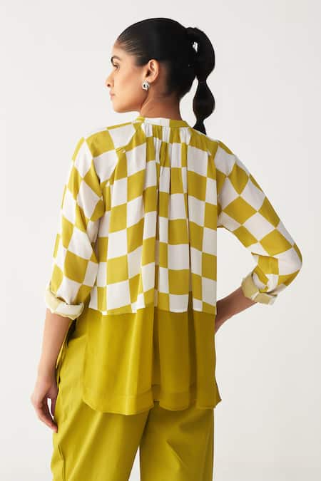 Three Lime Green Checkered Peasant Shirt 
