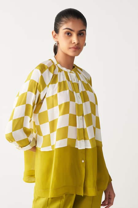 Three Lime Green Checkered Peasant Shirt 