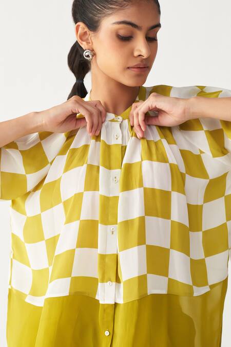 Shop_Three_Green Silk, Crepe Lime Checkered Peasant Shirt 
