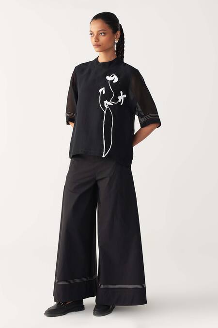 Three_Black Organza Embroidery Round Neck Poppy Print Top _Online_at_Aza_Fashions