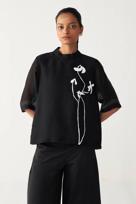 Three Black Organza Embroidery Round Neck Poppy Print Top 