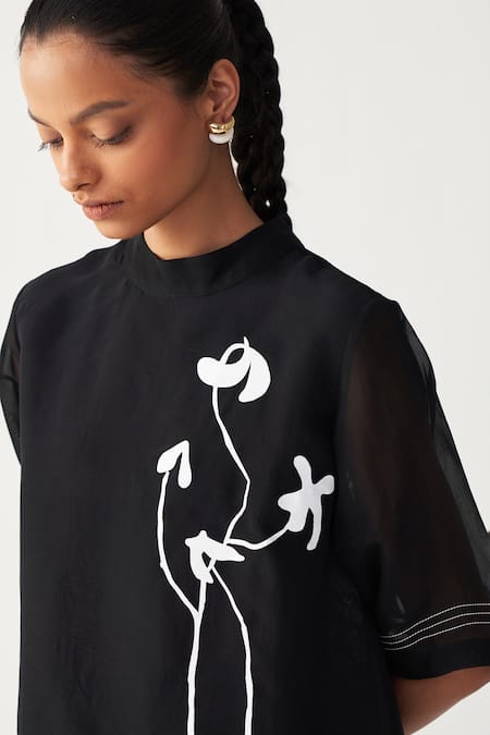 Shop_Three_Black Organza Embroidery Round Neck Poppy Print Top _Online_at_Aza_Fashions
