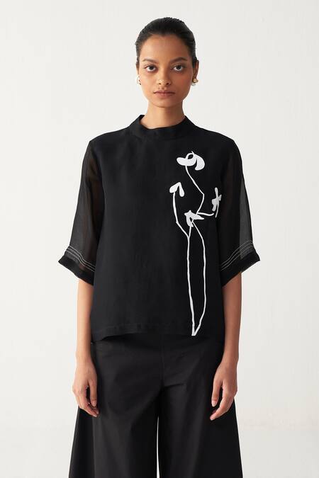 Three_Black Organza Embroidery Round Neck Poppy Print Top _at_Aza_Fashions