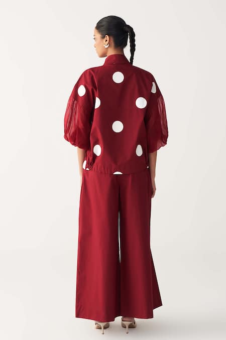 Shop Three Red Poplin Collared Madder Drawstring Polka Top at Aza Fashions Shop_Three_Red Poplin Collared Madder Drawstring Polka Top _at_Aza_Fashions