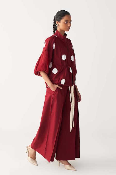 Three Red Poplin Collared Madder Drawstring Polka Top Online at Aza Fashions Three_Red Poplin Collared Madder Drawstring Polka Top _Online_at_Aza_Fashions
