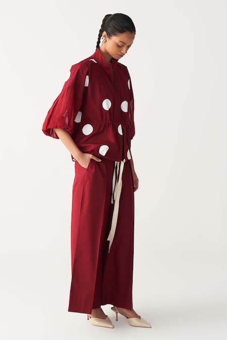 Buy Three Red Poplin Collared Madder Drawstring Polka Top Online at Aza Fashions Buy_Three_Red Poplin Collared Madder Drawstring Polka Top _Online_at_Aza_Fashions