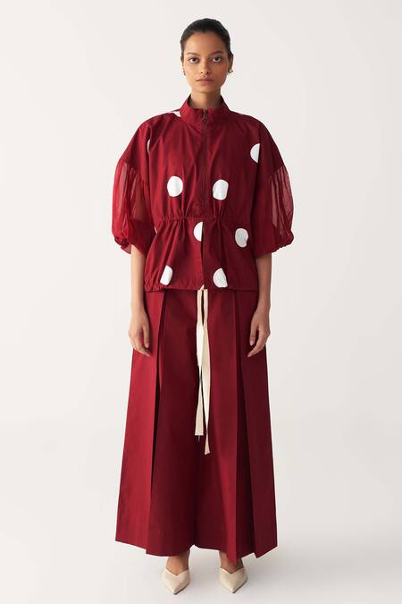 Shop Three Red Poplin Collared Madder Drawstring Polka Top Online at Aza Fashions Shop_Three_Red Poplin Collared Madder Drawstring Polka Top _Online_at_Aza_Fashions
