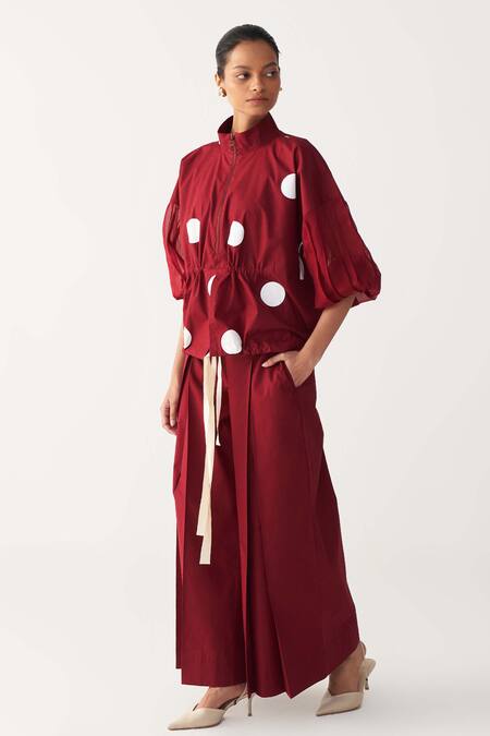 Three Red Poplin Collared Madder Drawstring Polka Top at Aza Fashions Three_Red Poplin Collared Madder Drawstring Polka Top _at_Aza_Fashions