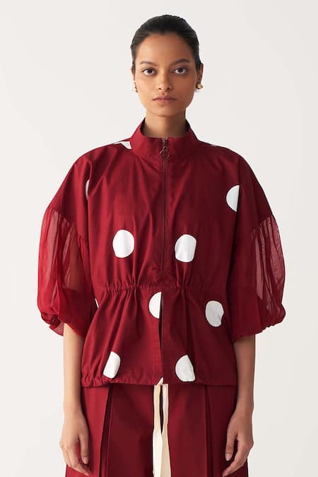 Three Red Poplin Collared Madder Drawstring Polka Top 