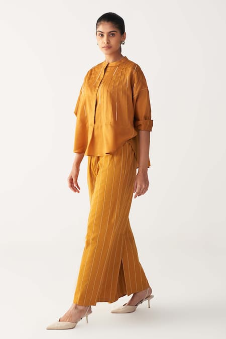 Three_Mustard Chanderi, Crepe Beads Round Neck Pintuck Bat Sleeve Shirt _Online_at_Aza_Fashions