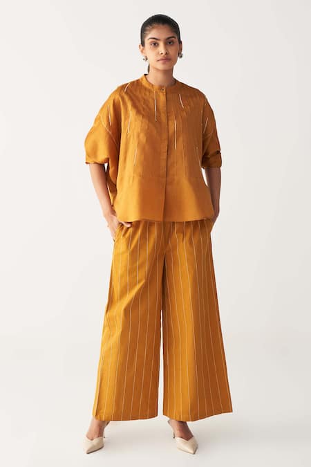 Buy_Three_Mustard Chanderi, Crepe Beads Round Neck Pintuck Bat Sleeve Shirt _Online_at_Aza_Fashions