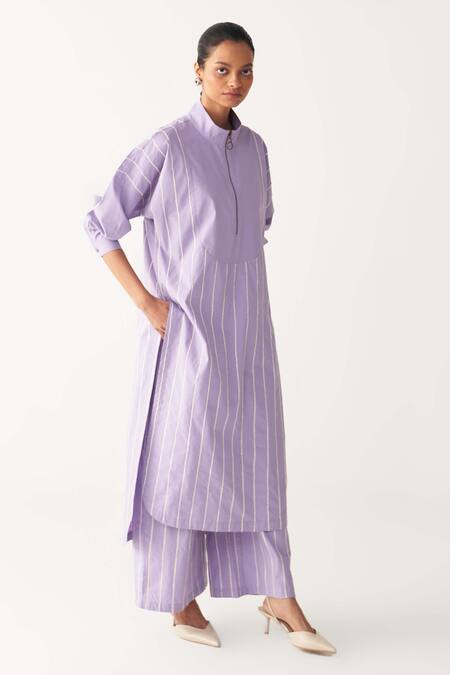 Three_Lavender Poplin Embroidery High Neck U-yoke Tunic _Online_at_Aza_Fashions
