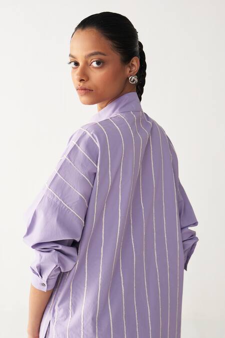 Buy_Three_Lavender Poplin Embroidery High Neck U-yoke Tunic _Online_at_Aza_Fashions