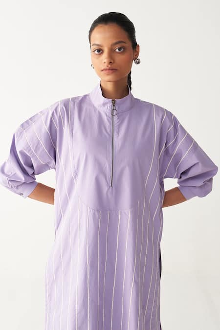 Shop_Three_Lavender Poplin Embroidery High Neck U-yoke Tunic _Online_at_Aza_Fashions