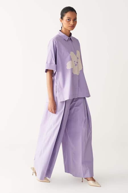 Three Lavender Poplin Embroidery Collared Floral Shirt Online at Aza Fashions Three_Lavender Poplin Embroidery Collared Floral Shirt _Online_at_Aza_Fashions