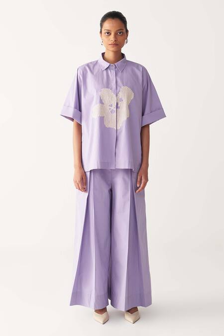 Shop Three Lavender Poplin Embroidery Collared Floral Shirt Online at Aza Fashions Shop_Three_Lavender Poplin Embroidery Collared Floral Shirt _Online_at_Aza_Fashions