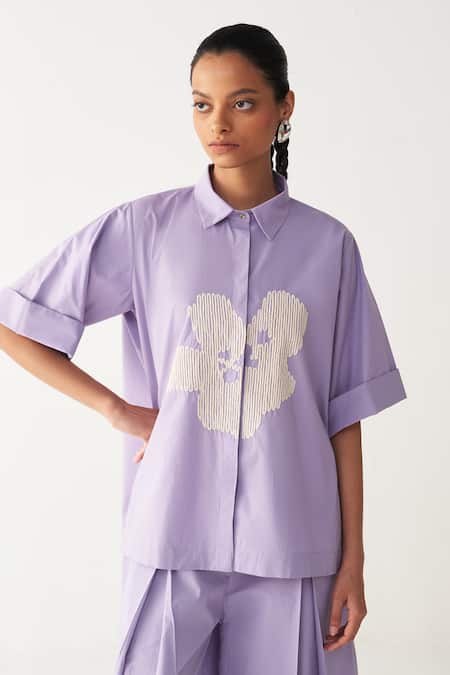 Three Lavender Poplin Embroidery Collared Floral Shirt 