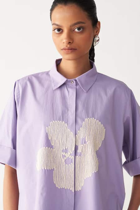 Three Lavender Poplin Embroidery Collared Floral Shirt at Aza Fashions Three_Lavender Poplin Embroidery Collared Floral Shirt _at_Aza_Fashions