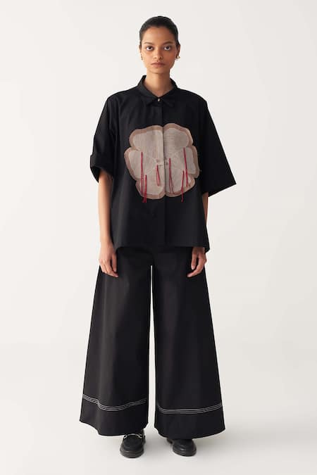 Buy_Three_Black Cotton, Poplin Applique Collared Floral Patch Fringe Shirt _Online_at_Aza_Fashions