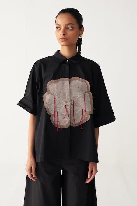 Three Black Cotton, Poplin Applique Collared Floral Patch Fringe Shirt