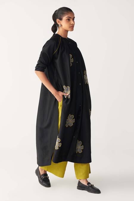 Three_Black Chanderi Embroidery Floral Gather Neck Shirt Tunic _Online_at_Aza_Fashions