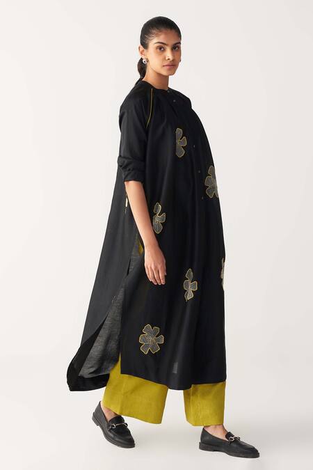 Buy_Three_Black Chanderi Embroidery Floral Gather Neck Shirt Tunic _Online_at_Aza_Fashions