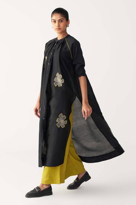 Shop_Three_Black Chanderi Embroidery Floral Gather Neck Shirt Tunic _Online_at_Aza_Fashions