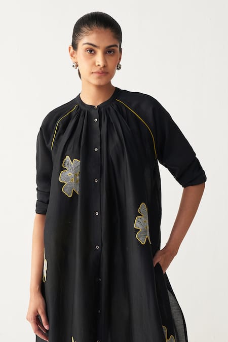 Three_Black Chanderi Embroidery Floral Gather Neck Shirt Tunic _at_Aza_Fashions