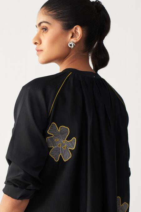 Buy_Three_Black Chanderi Embroidery Floral Gather Neck Shirt Tunic 